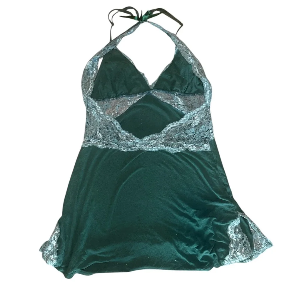 Avidlove‎ Forest Green Lace Trim Open Back Tie Halter Chemise Babydoll S